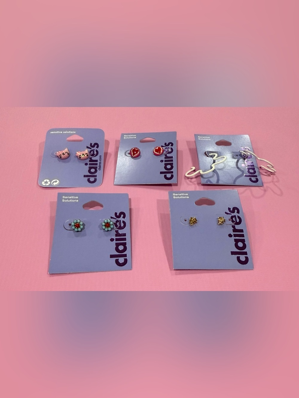 Claire’s Sensitive Solutions 5 Pair Earring Lot NWT Cat Heart Flower Leaf